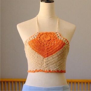 Chic Orange and Cream Crochet Halter Top
